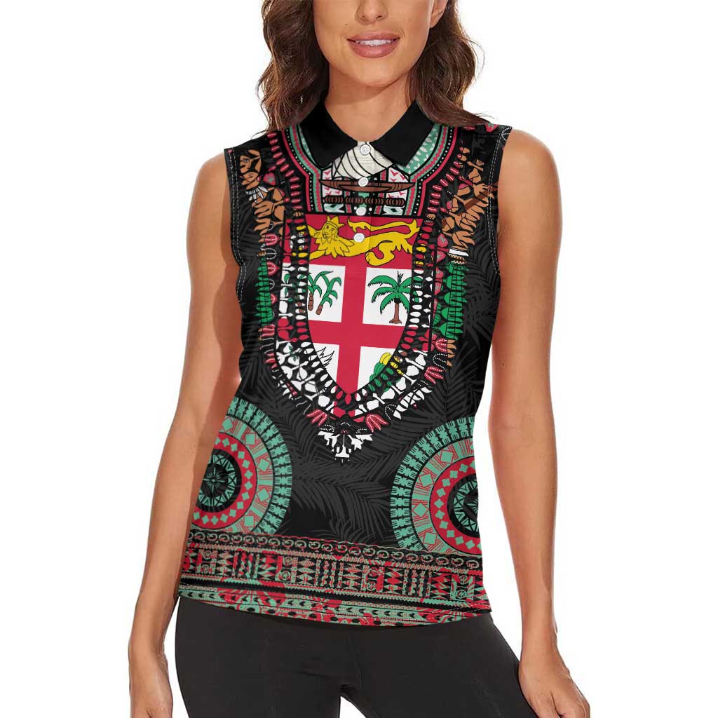 Fiji Coat of Arms Traditional Dashiki Women Sleeveless Polo Shirt Tapa Art and Palm Leaves Pattern Black Color LT03 - Polynesian Pride