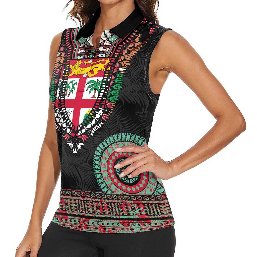 Fiji Coat of Arms Traditional Dashiki Women Sleeveless Polo Shirt Tapa Art and Palm Leaves Pattern Black Color LT03 - Polynesian Pride