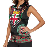 Fiji Coat of Arms Traditional Dashiki Women Sleeveless Polo Shirt Tapa Art and Palm Leaves Pattern Black Color LT03 - Polynesian Pride