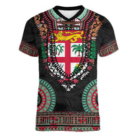 Fiji Coat of Arms Traditional Dashiki Women V-Neck T-Shirt Tapa Art and Palm Leaves Pattern Black Color LT03 Female Black - Polynesian Pride