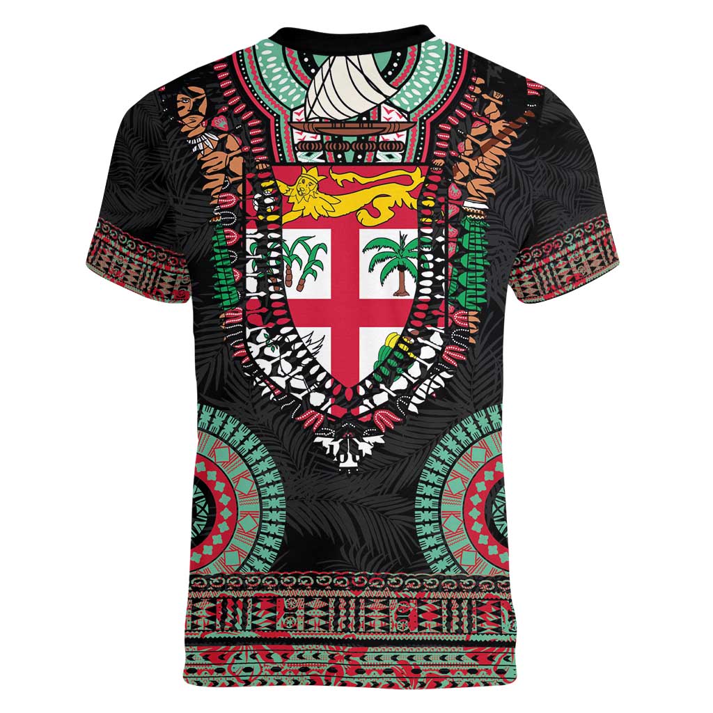 Fiji Coat of Arms Traditional Dashiki Women V-Neck T-Shirt Tapa Art and Palm Leaves Pattern Black Color LT03 - Polynesian Pride