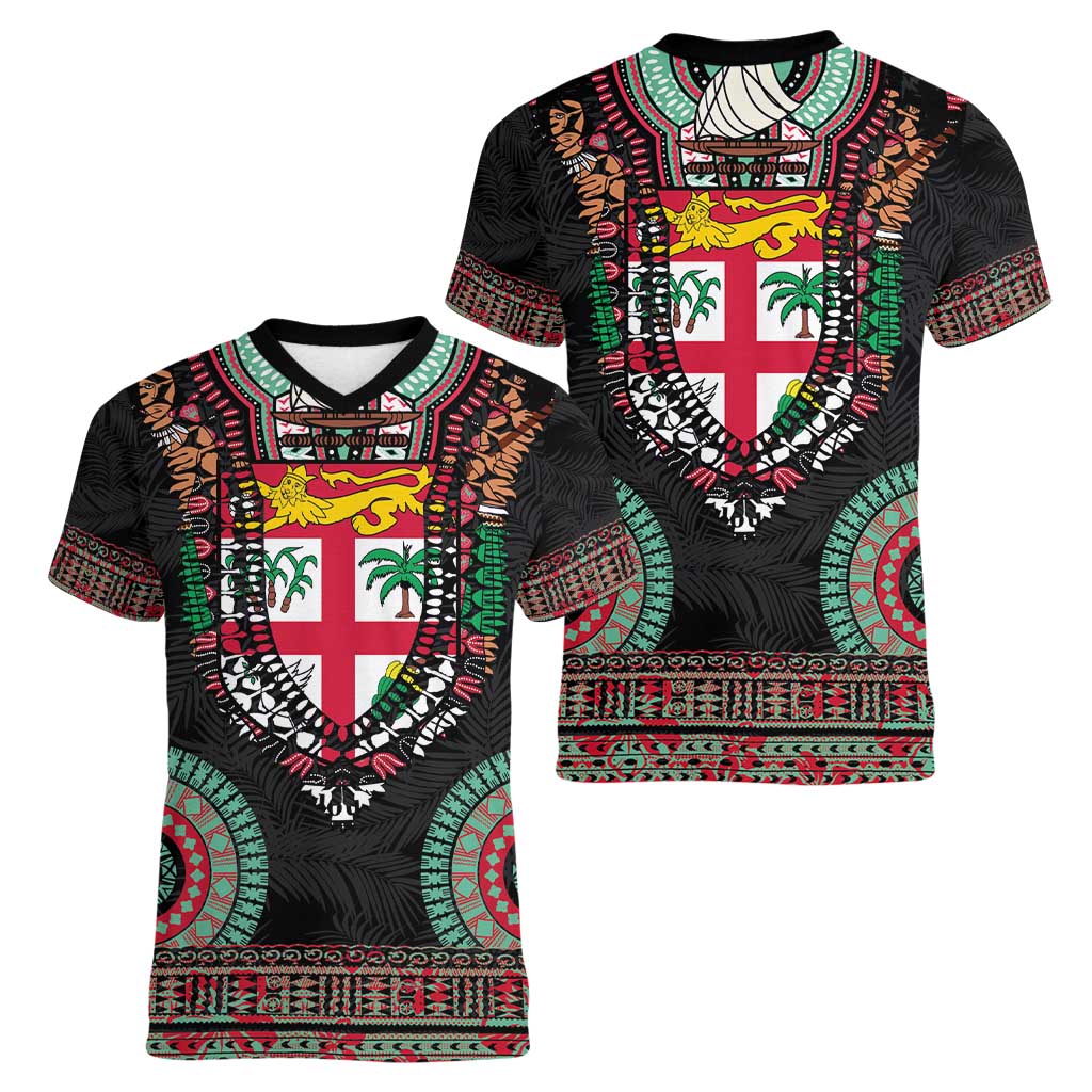 Fiji Coat of Arms Traditional Dashiki Women V-Neck T-Shirt Tapa Art and Palm Leaves Pattern Black Color LT03 - Polynesian Pride