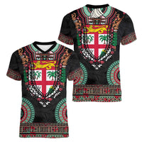 Fiji Coat of Arms Traditional Dashiki Women V-Neck T-Shirt Tapa Art and Palm Leaves Pattern Black Color LT03 - Polynesian Pride