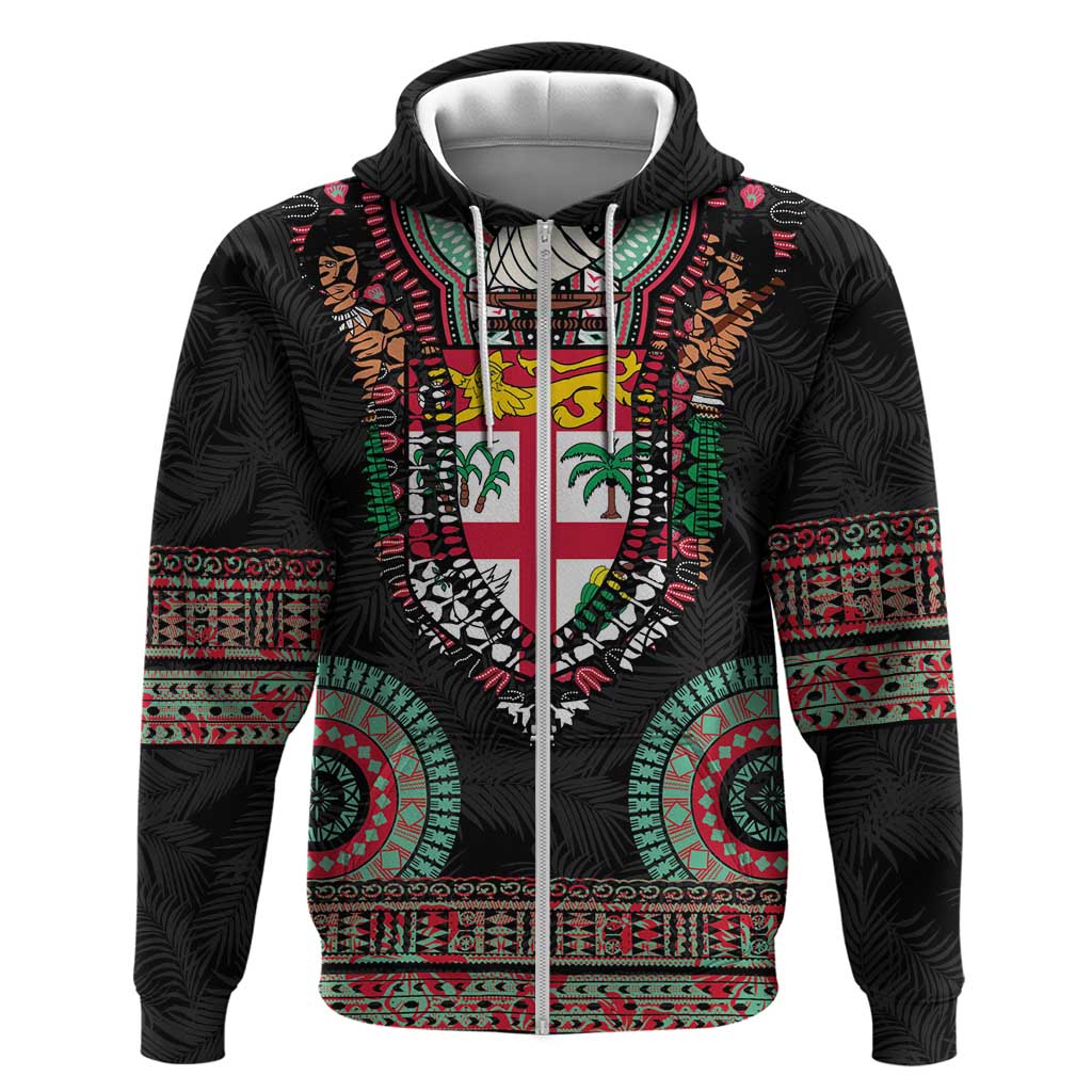 Fiji Coat of Arms Traditional Dashiki Zip Hoodie Tapa Art and Palm Leaves Pattern Black Color LT03 Zip Hoodie Black - Polynesian Pride