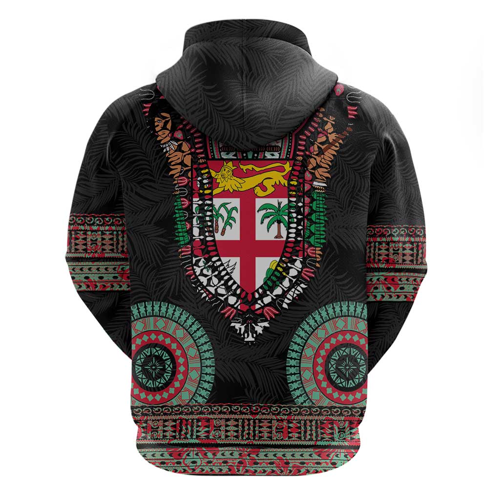 Fiji Coat of Arms Traditional Dashiki Zip Hoodie Tapa Art and Palm Leaves Pattern Black Color LT03 - Polynesian Pride