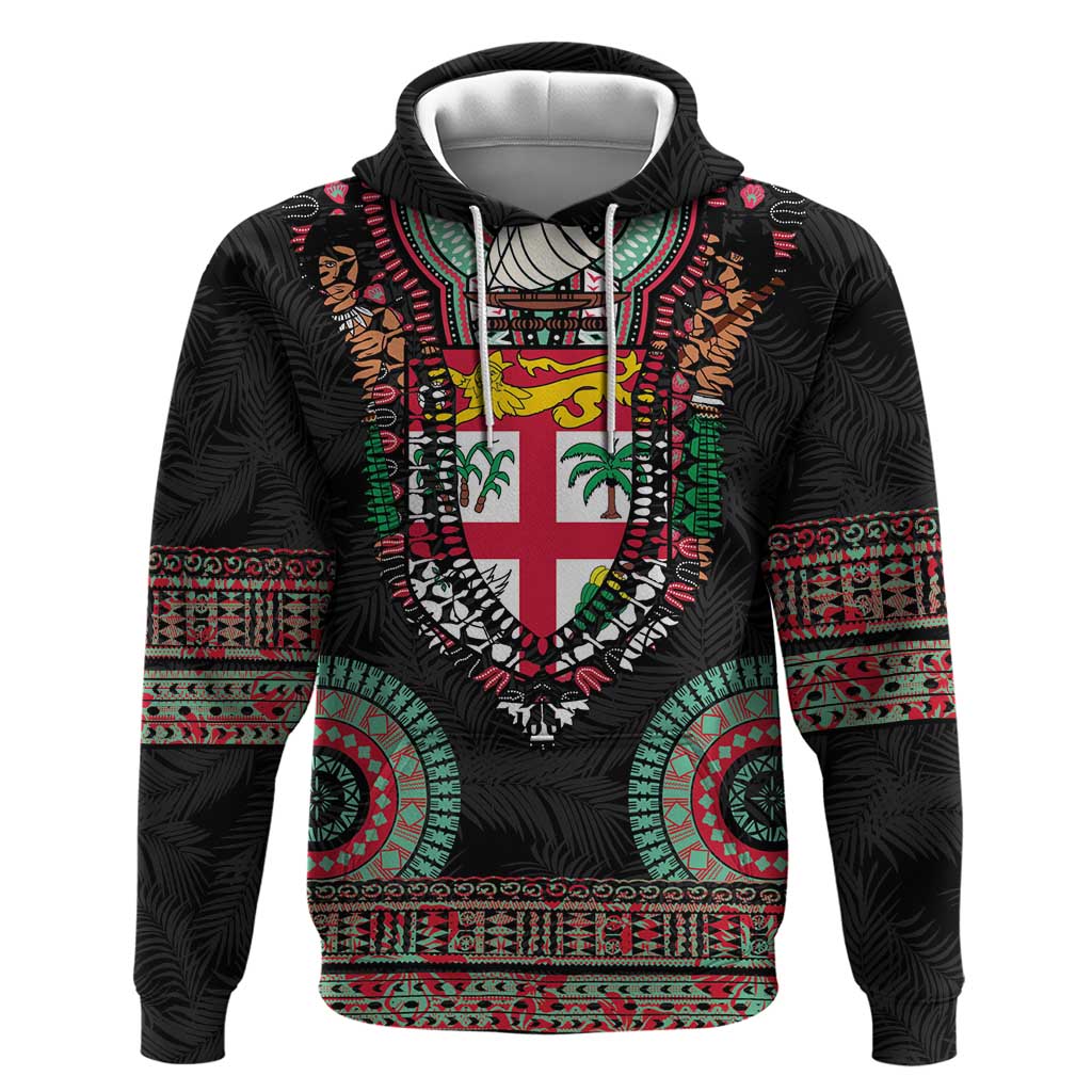 Fiji Coat of Arms Traditional Dashiki Zip Hoodie Tapa Art and Palm Leaves Pattern Black Color LT03 Pullover Hoodie Black - Polynesian Pride