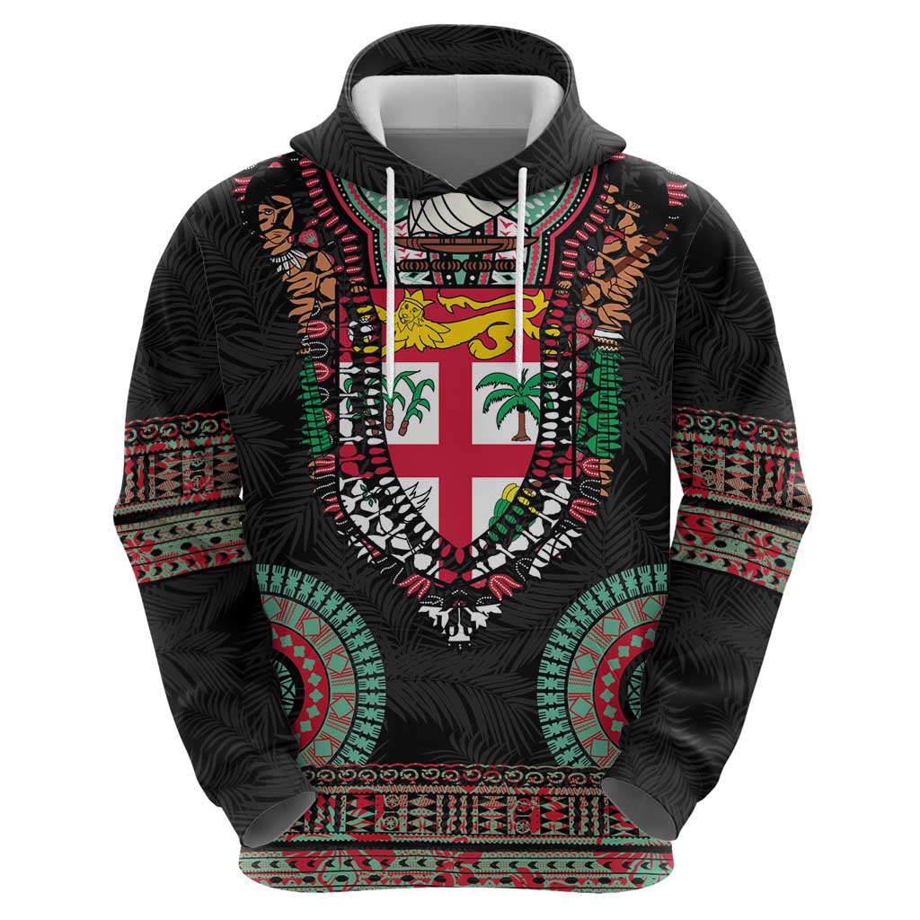 Fiji Coat of Arms Traditional Dashiki Zip Hoodie Tapa Art and Palm Leaves Pattern Black Color LT03 - Polynesian Pride