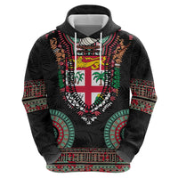 Fiji Coat of Arms Traditional Dashiki Zip Hoodie Tapa Art and Palm Leaves Pattern Black Color LT03 - Polynesian Pride