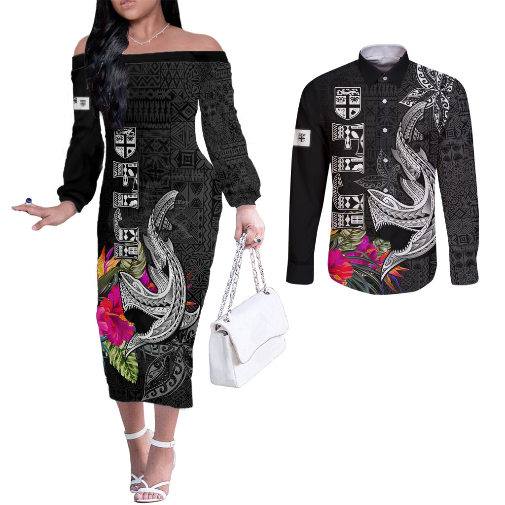 Custom Polynesian Fiji Couples Matching Off The Shoulder Long Sleeve Dress and Long Sleeve Button Shirts Shark and Hibiscus Tapa Pattern Version LT03 White - Polynesian Pride