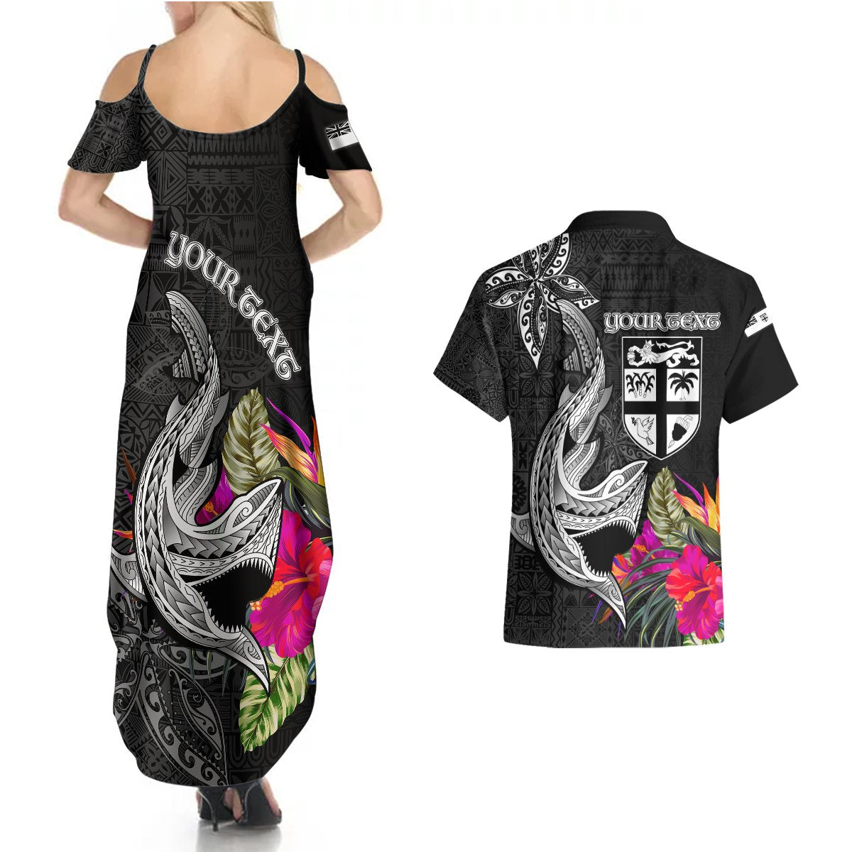 Custom Polynesian Fiji Couples Matching Summer Maxi Dress and Hawaiian Shirt Shark and Hibiscus Tapa Pattern Version LT03 - Polynesian Pride