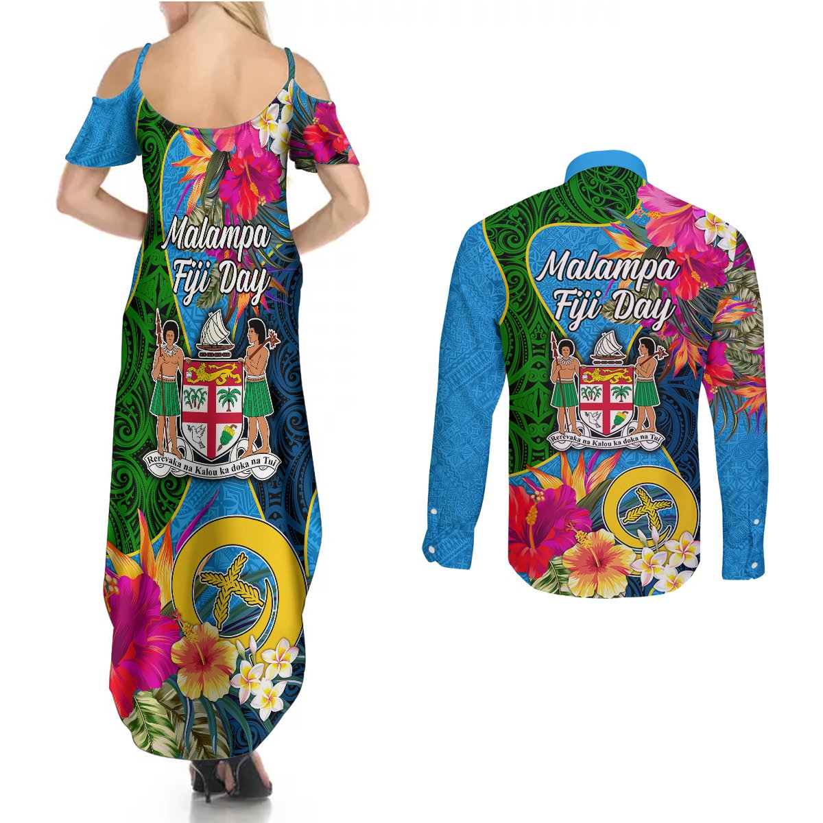 Malampa Fiji Day Couples Matching Summer Maxi Dress and Long Sleeve Button Shirts Tropical Plants Mix Polynesian and Tapa Pattern LT03 - Polynesian Pride