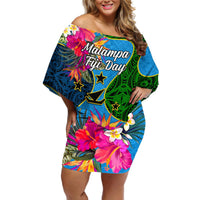 Malampa Fiji Day Off Shoulder Short Dress Tropical Plants Mix Polynesian and Tapa Pattern LT03 Women Blue - Polynesian Pride