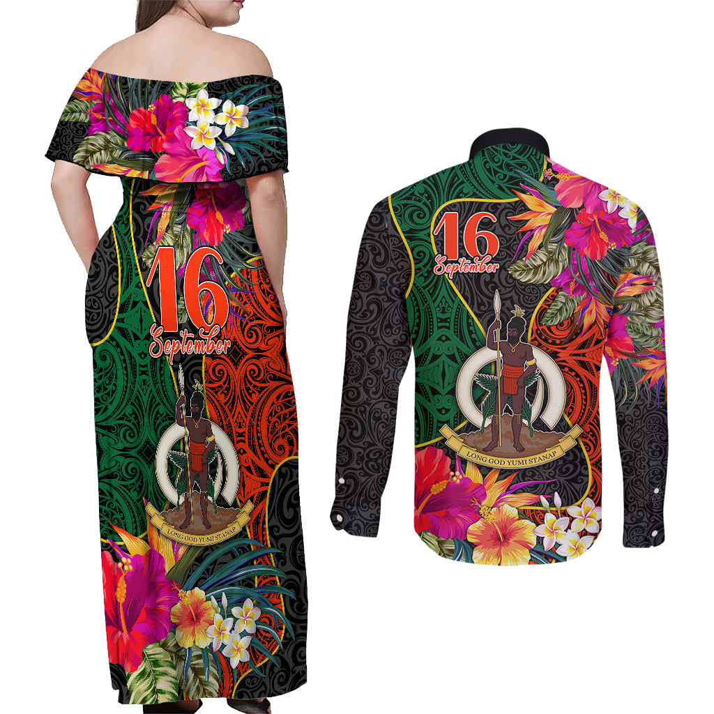 Penama Day Couples Matching Off Shoulder Maxi Dress and Long Sleeve Button Shirts 16th September Polynesian Pattern with Pacific Flower LT03 - Polynesian Pride