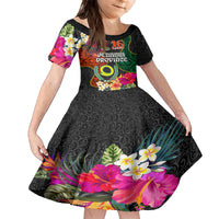 Penama Day Kid Short Sleeve Dress 16th September Polynesian Pattern with Pacific Flower LT03 KID Black - Polynesian Pride
