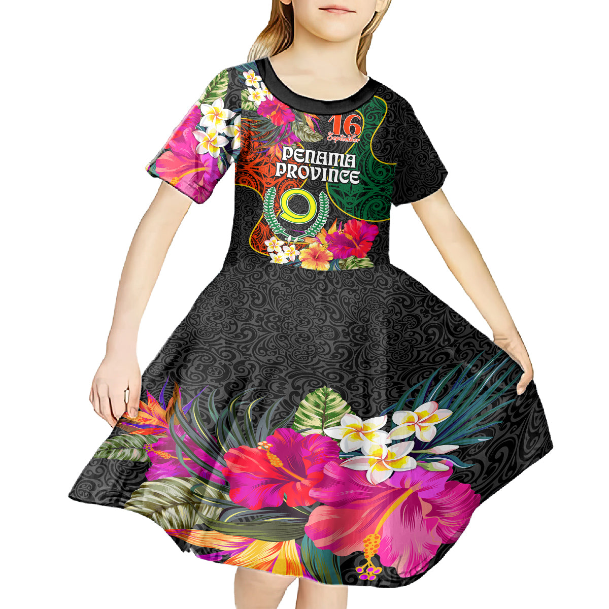 Penama Day Kid Short Sleeve Dress 16th September Polynesian Pattern with Pacific Flower LT03 - Polynesian Pride