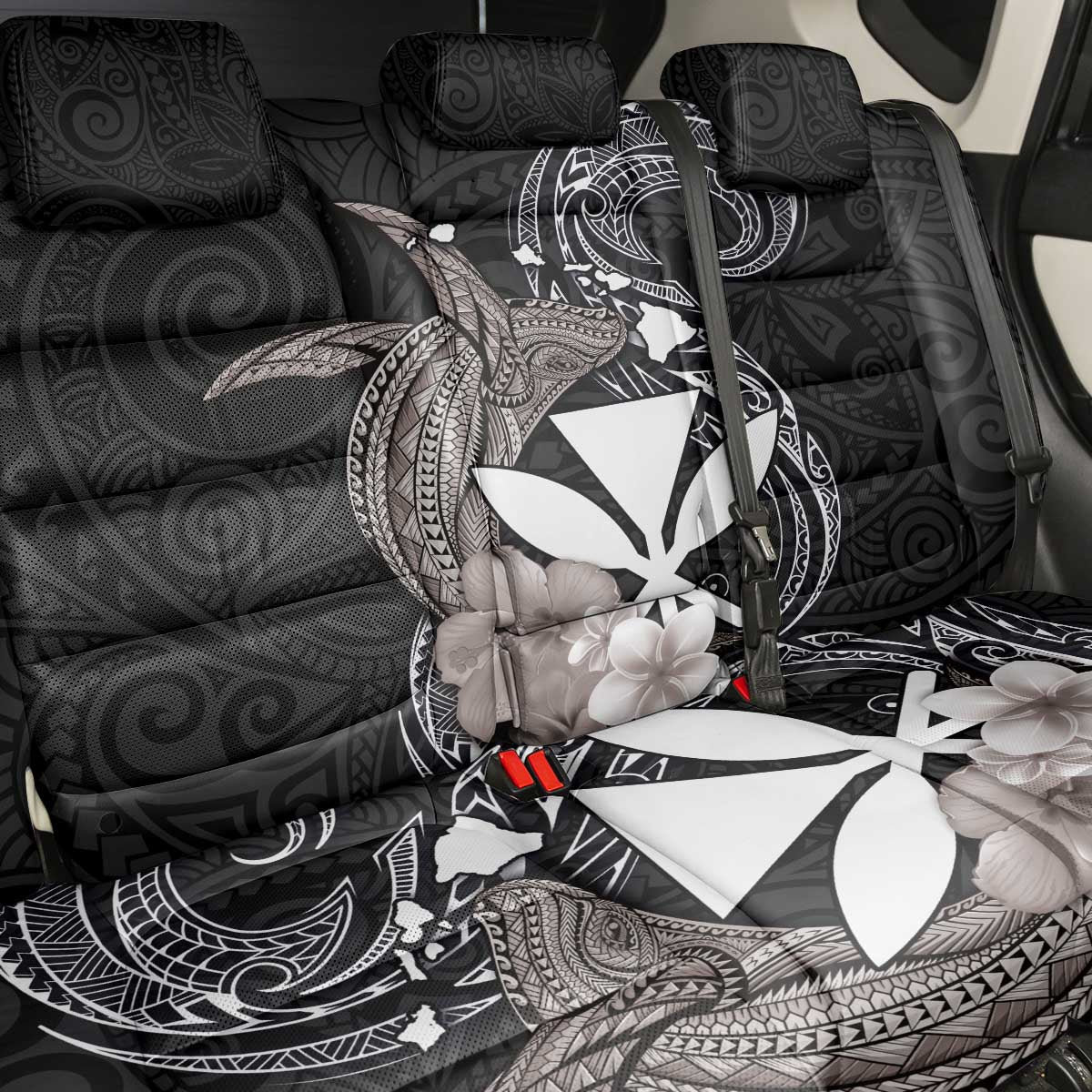 Hawaiian Whale and Kanaka Maoli Symbol Back Car Seat Cover Hibiscus with Hawaii Map and Polynesian Tattoo Grayscale Color LT03 - Polynesian Pride
