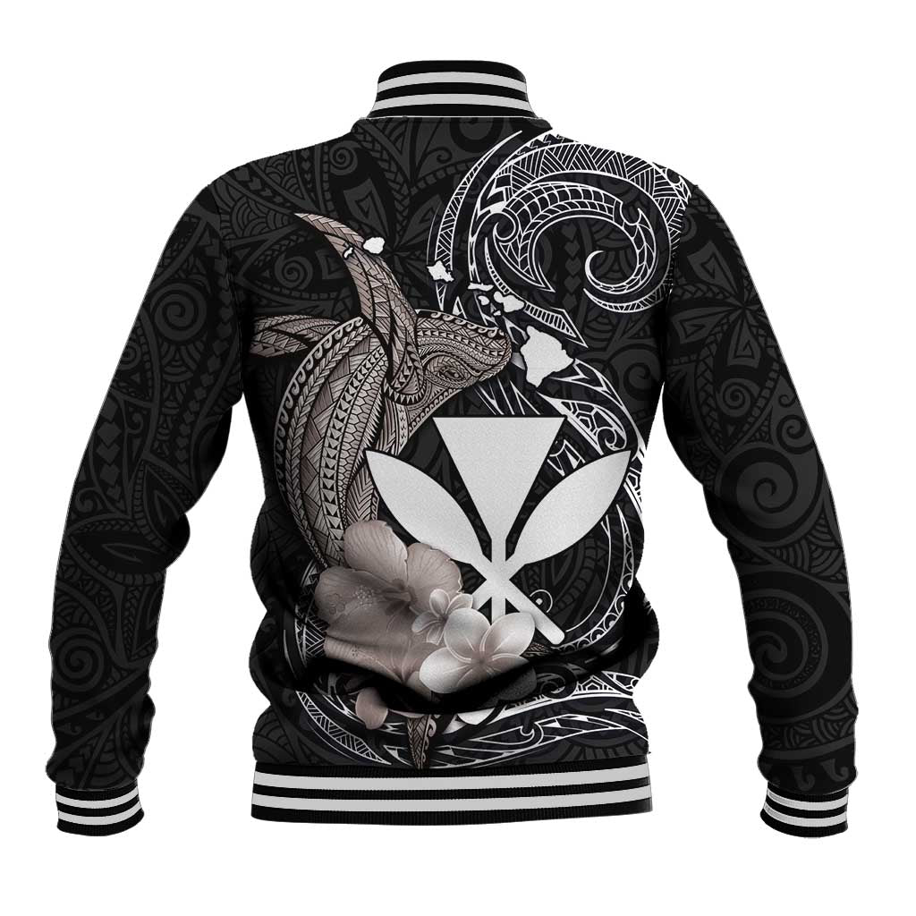 Hawaiian Whale and Kanaka Maoli Symbol Baseball Jacket Hibiscus with Hawaii Map and Polynesian Tattoo Grayscale Color LT03 - Polynesian Pride