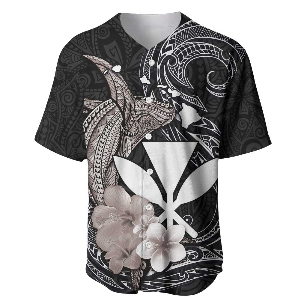 Hawaiian Whale and Kanaka Maoli Symbol Baseball Jersey Hibiscus with Hawaii Map and Polynesian Tattoo Grayscale Color LT03 Black - Polynesian Pride