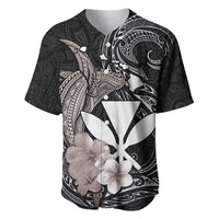 Hawaiian Whale and Kanaka Maoli Symbol Baseball Jersey Hibiscus with Hawaii Map and Polynesian Tattoo Grayscale Color LT03 Black - Polynesian Pride