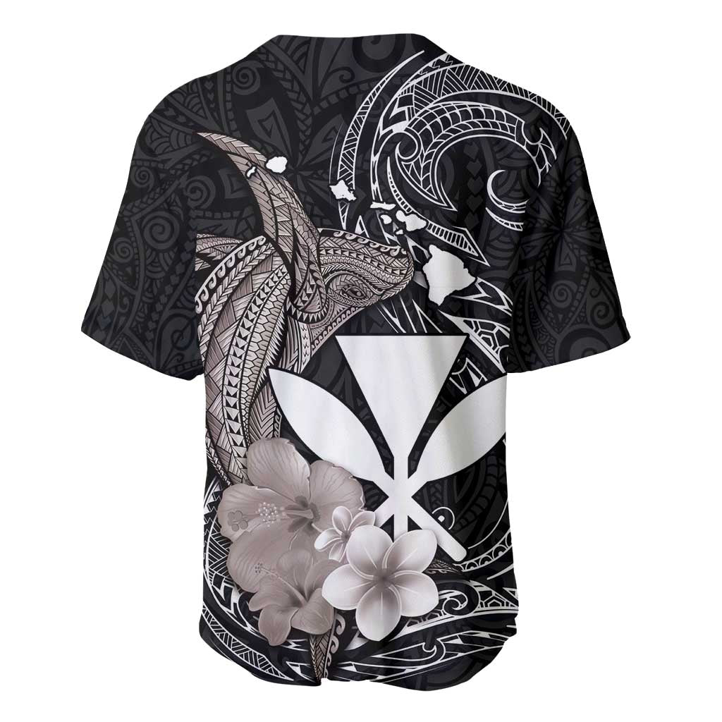 Hawaiian Whale and Kanaka Maoli Symbol Baseball Jersey Hibiscus with Hawaii Map and Polynesian Tattoo Grayscale Color LT03 - Polynesian Pride
