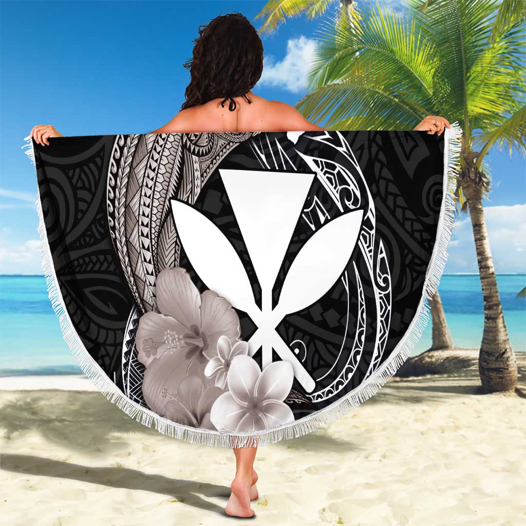 Hawaiian Whale and Kanaka Maoli Symbol Beach Blanket Hibiscus with Hawaii Map and Polynesian Tattoo Grayscale Color LT03 - Polynesian Pride