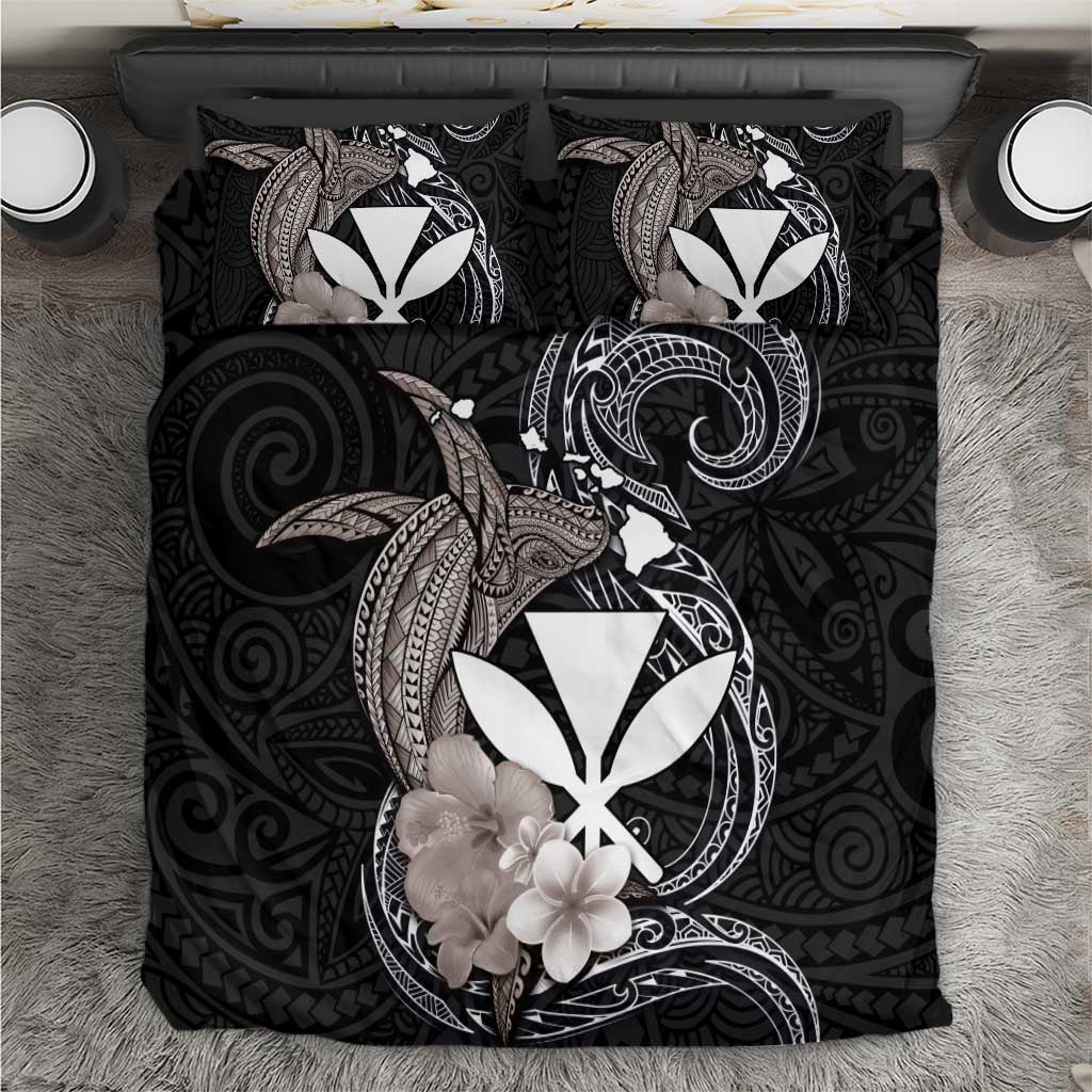 Hawaiian Whale and Kanaka Maoli Symbol Bedding Set Hibiscus with Hawaii Map and Polynesian Tattoo Grayscale Color LT03 Black - Polynesian Pride