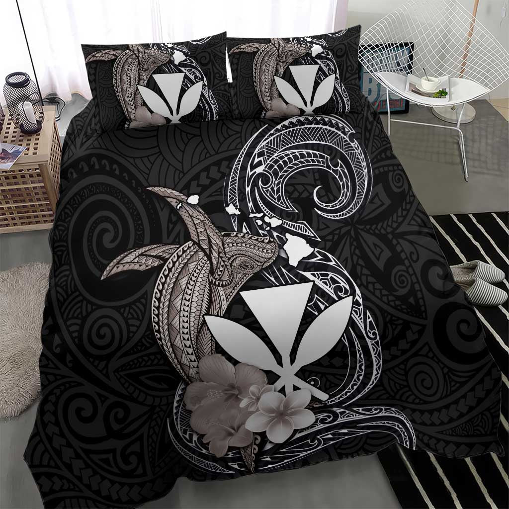 Hawaiian Whale and Kanaka Maoli Symbol Bedding Set Hibiscus with Hawaii Map and Polynesian Tattoo Grayscale Color LT03 - Polynesian Pride
