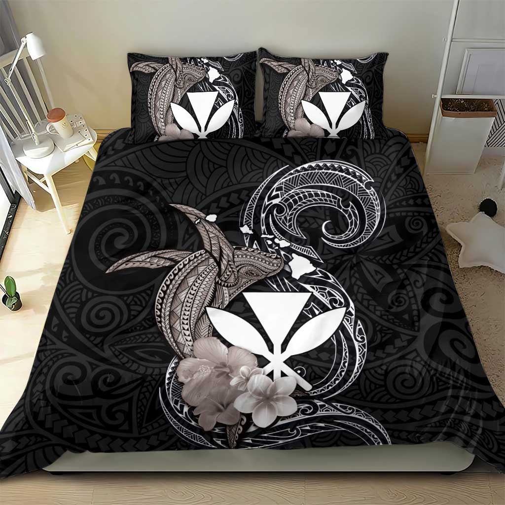 Hawaiian Whale and Kanaka Maoli Symbol Bedding Set Hibiscus with Hawaii Map and Polynesian Tattoo Grayscale Color LT03 - Polynesian Pride