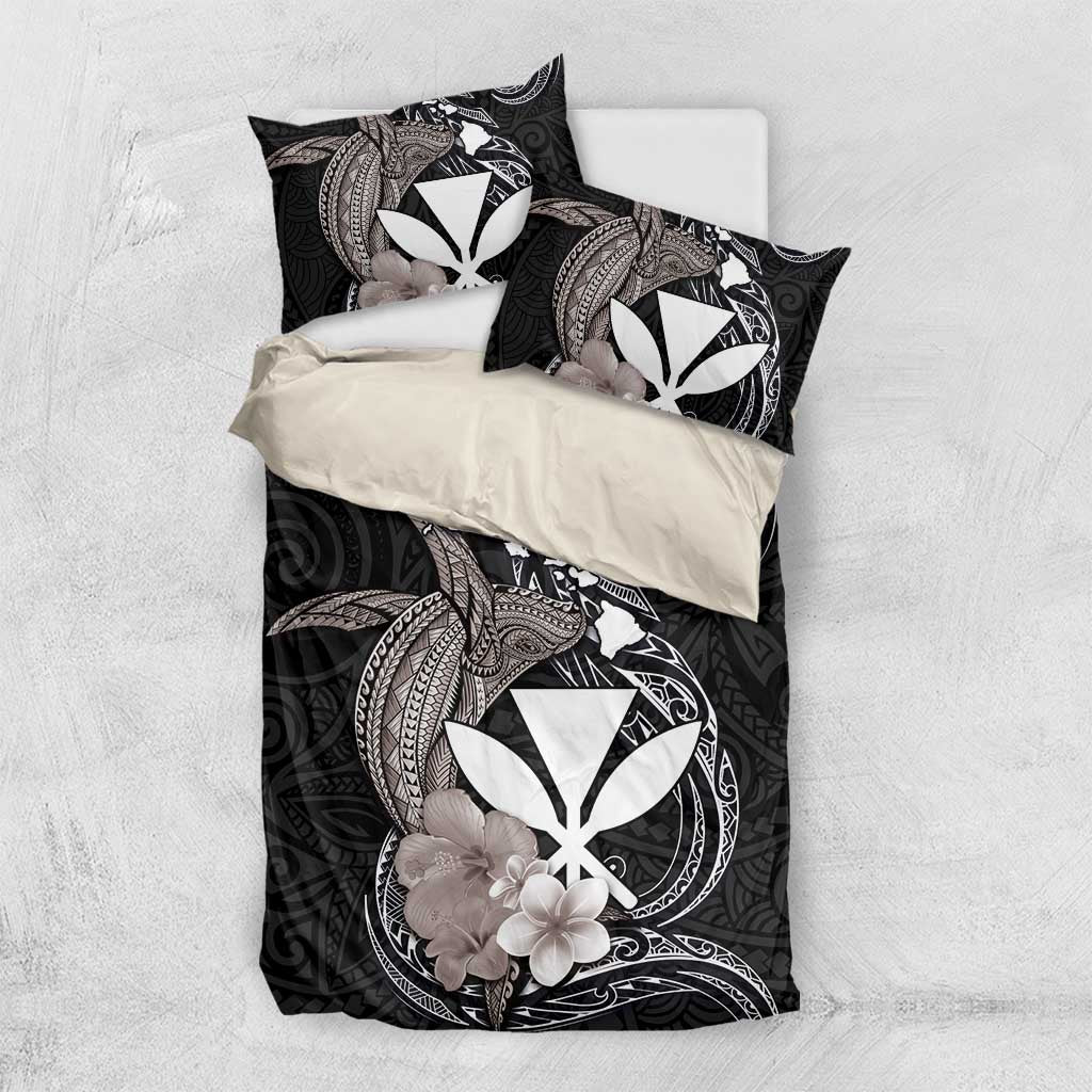 Hawaiian Whale and Kanaka Maoli Symbol Bedding Set Hibiscus with Hawaii Map and Polynesian Tattoo Grayscale Color LT03 US Twin 172cm x 218cm Black - Polynesian Pride