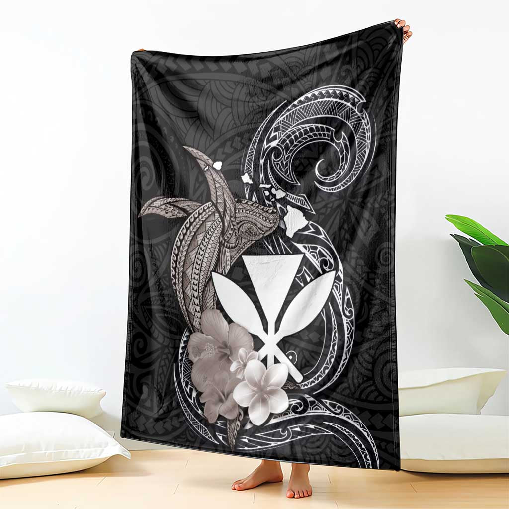 Hawaiian Whale and Kanaka Maoli Symbol Blanket Hibiscus with Hawaii Map and Polynesian Tattoo Grayscale Color LT03 - Polynesian Pride