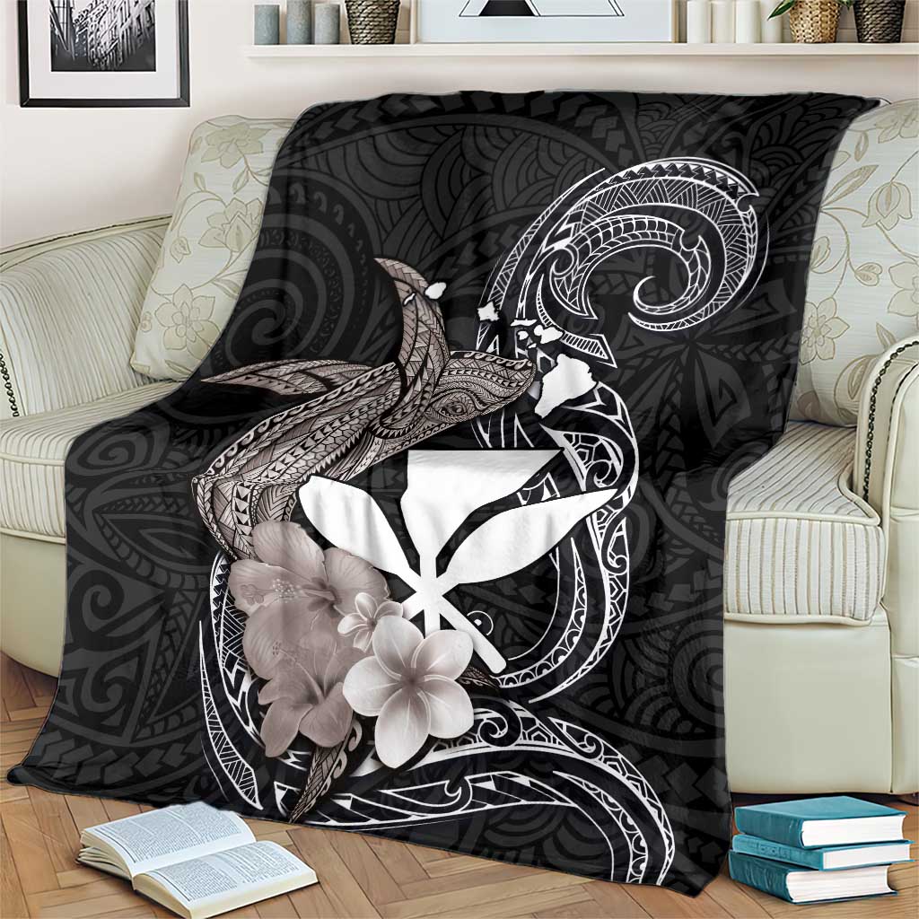 Hawaiian Whale and Kanaka Maoli Symbol Blanket Hibiscus with Hawaii Map and Polynesian Tattoo Grayscale Color LT03 - Polynesian Pride