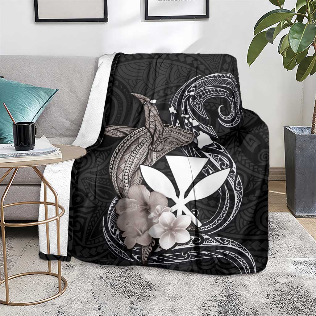 Hawaiian Whale and Kanaka Maoli Symbol Blanket Hibiscus with Hawaii Map and Polynesian Tattoo Grayscale Color LT03 - Polynesian Pride