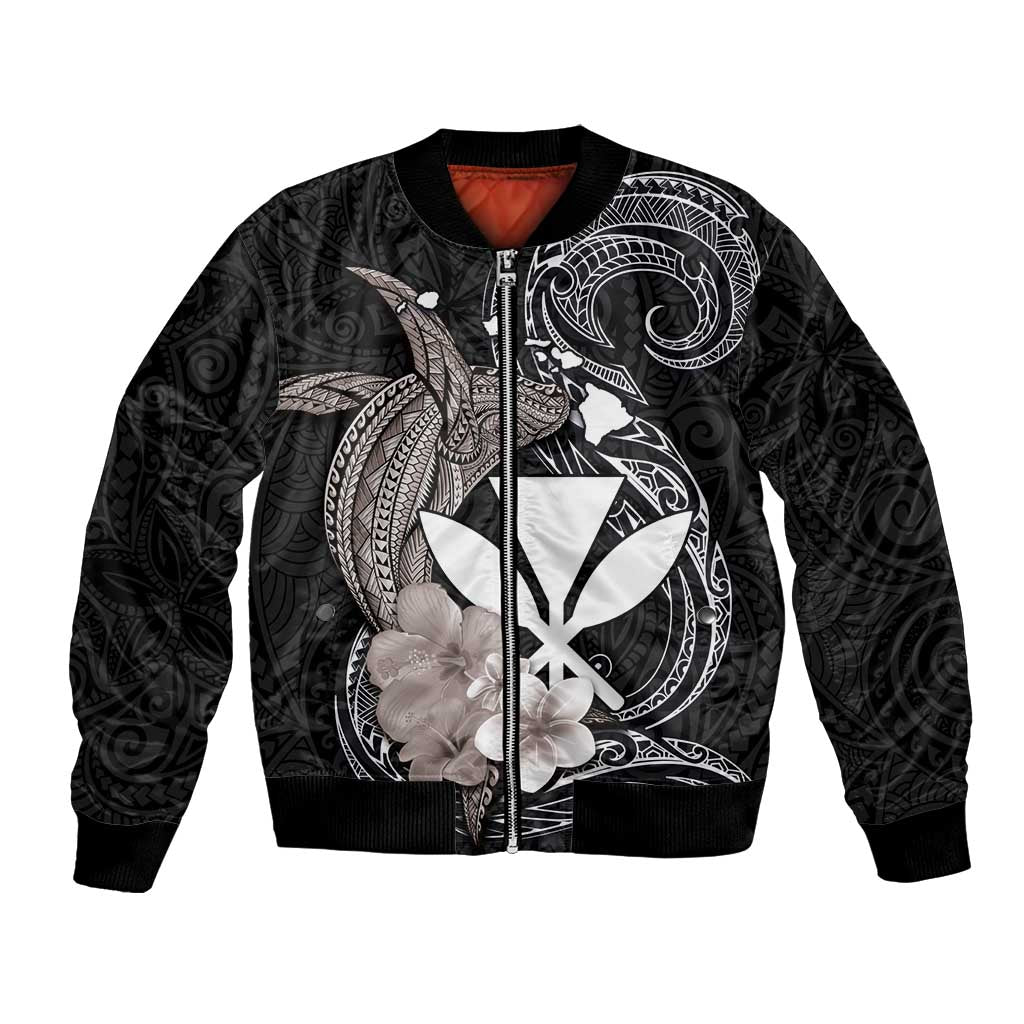 Hawaiian Whale and Kanaka Maoli Symbol Bomber Jacket Hibiscus with Hawaii Map and Polynesian Tattoo Grayscale Color LT03 Unisex Black - Polynesian Pride