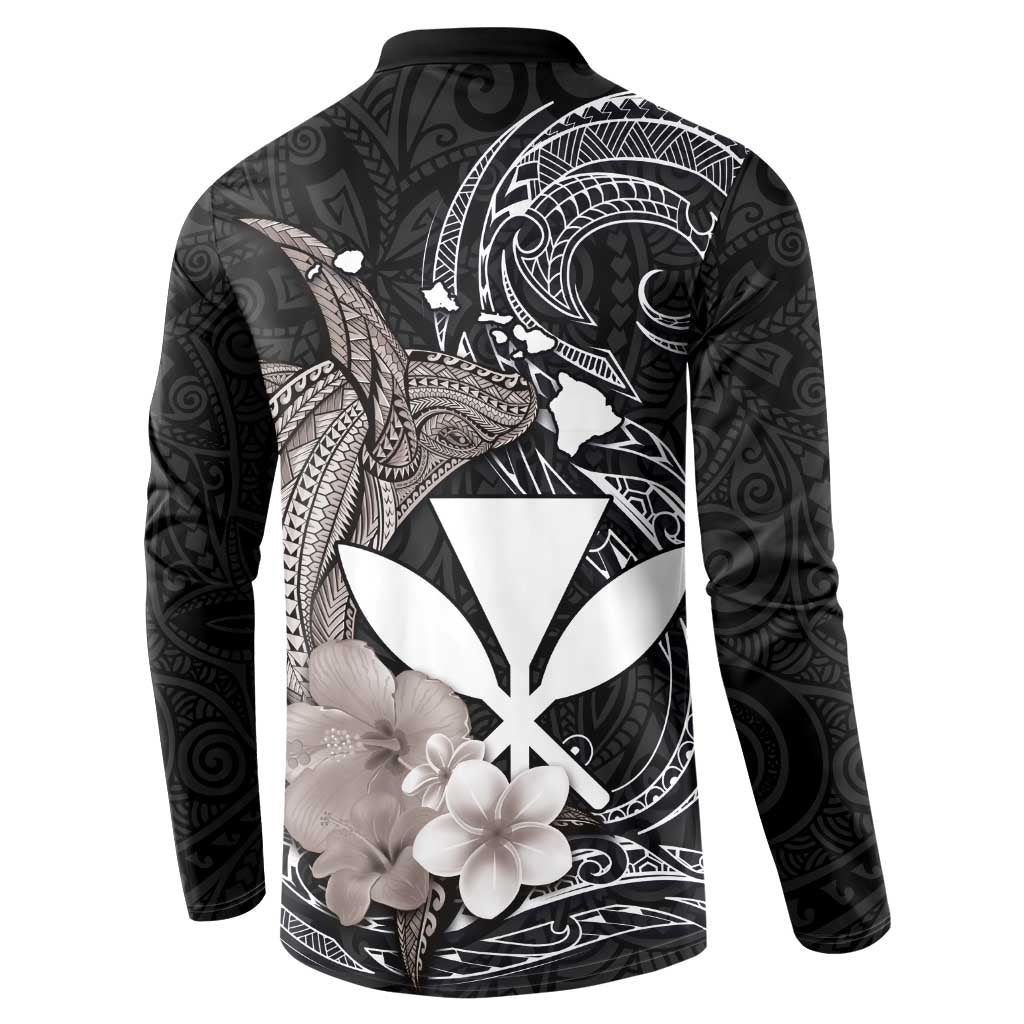 Hawaiian Whale and Kanaka Maoli Symbol Button Sweatshirt Hibiscus with Hawaii Map and Polynesian Tattoo Grayscale Color LT03 - Polynesian Pride