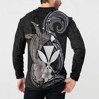 Hawaiian Whale and Kanaka Maoli Symbol Button Sweatshirt Hibiscus with Hawaii Map and Polynesian Tattoo Grayscale Color LT03 - Polynesian Pride