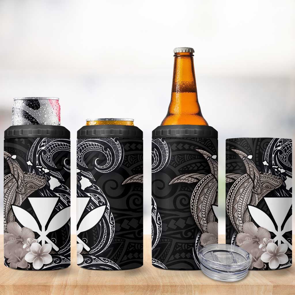 Hawaiian Whale and Kanaka Maoli Symbol 4 in 1 Can Cooler Tumbler Hibiscus with Hawaii Map and Polynesian Tattoo Grayscale Color LT03 - Polynesian Pride
