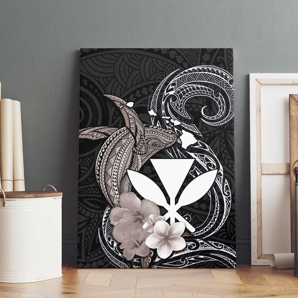 Hawaiian Whale and Kanaka Maoli Symbol Canvas Wall Art Hibiscus with Hawaii Map and Polynesian Tattoo Grayscale Color LT03 - Polynesian Pride