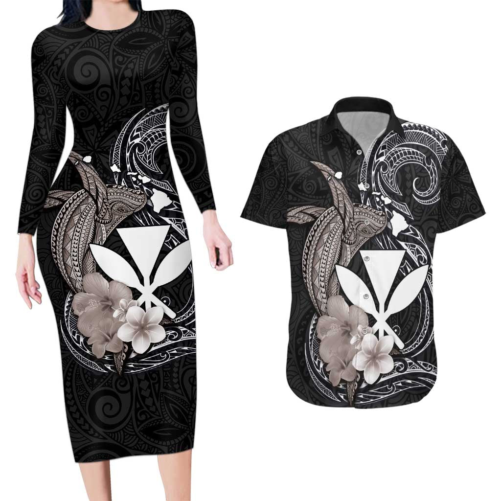 Hawaiian Whale and Kanaka Maoli Symbol Couples Matching Long Sleeve Bodycon Dress and Hawaiian Shirt Hibiscus with Hawaii Map and Polynesian Tattoo Grayscale Color LT03 Black - Polynesian Pride