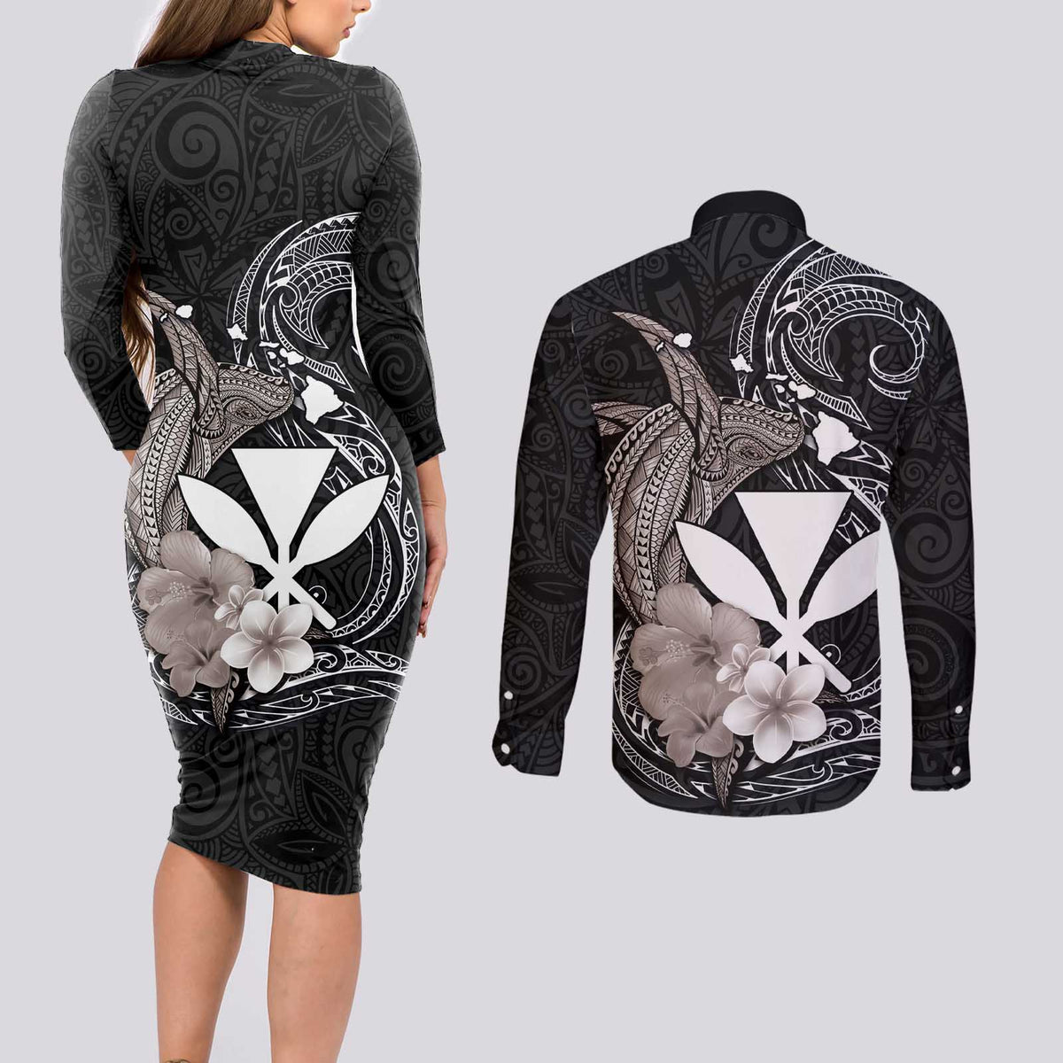 Hawaiian Whale and Kanaka Maoli Symbol Couples Matching Long Sleeve Bodycon Dress and Long Sleeve Button Shirt Hibiscus with Hawaii Map and Polynesian Tattoo Grayscale Color LT03 - Polynesian Pride