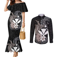 Hawaiian Whale and Kanaka Maoli Symbol Couples Matching Mermaid Dress and Long Sleeve Button Shirt Hibiscus with Hawaii Map and Polynesian Tattoo Grayscale Color LT03 Black - Polynesian Pride