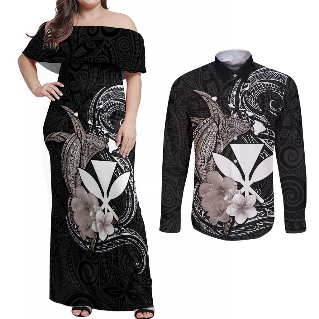 Hawaiian Whale and Kanaka Maoli Symbol Couples Matching Off Shoulder Maxi Dress and Long Sleeve Button Shirt Hibiscus with Hawaii Map and Polynesian Tattoo Grayscale Color LT03 Black - Polynesian Pride