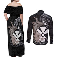 Hawaiian Whale and Kanaka Maoli Symbol Couples Matching Off Shoulder Maxi Dress and Long Sleeve Button Shirt Hibiscus with Hawaii Map and Polynesian Tattoo Grayscale Color LT03 - Polynesian Pride