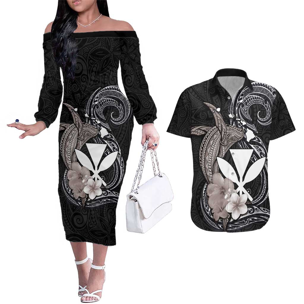 Hawaiian Whale and Kanaka Maoli Symbol Couples Matching Off The Shoulder Long Sleeve Dress and Hawaiian Shirt Hibiscus with Hawaii Map and Polynesian Tattoo Grayscale Color LT03 Black - Polynesian Pride