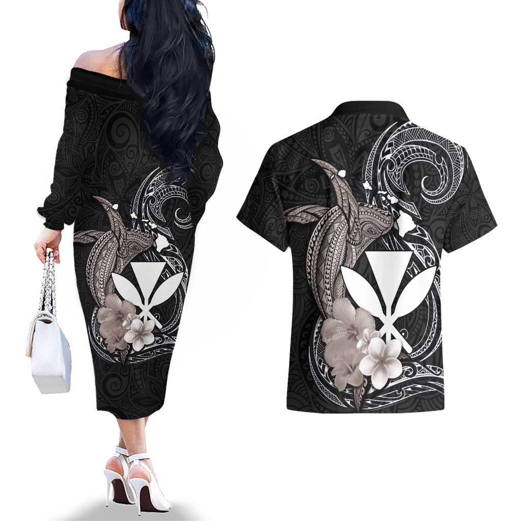 Hawaiian Whale and Kanaka Maoli Symbol Couples Matching Off The Shoulder Long Sleeve Dress and Hawaiian Shirt Hibiscus with Hawaii Map and Polynesian Tattoo Grayscale Color LT03 - Polynesian Pride