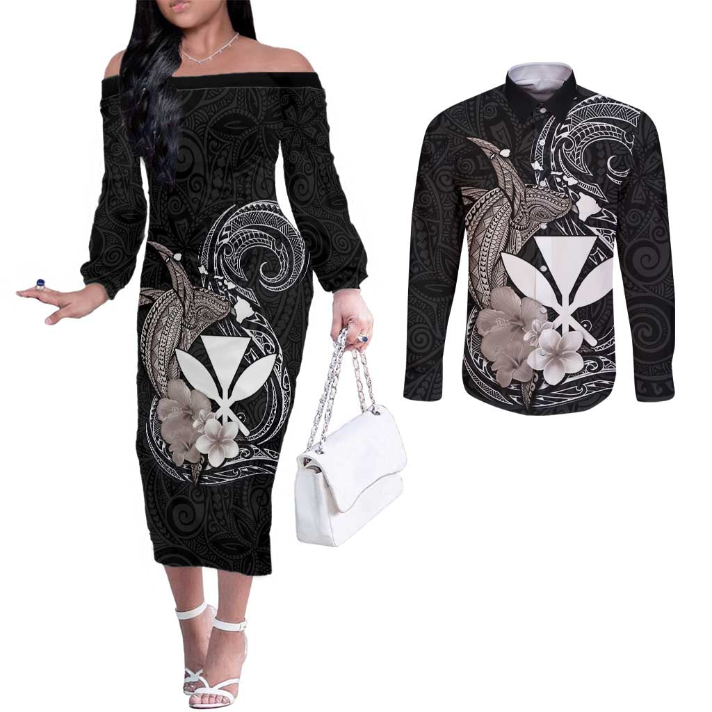 Hawaiian Whale and Kanaka Maoli Symbol Couples Matching Off The Shoulder Long Sleeve Dress and Long Sleeve Button Shirt Hibiscus with Hawaii Map and Polynesian Tattoo Grayscale Color LT03 Black - Polynesian Pride