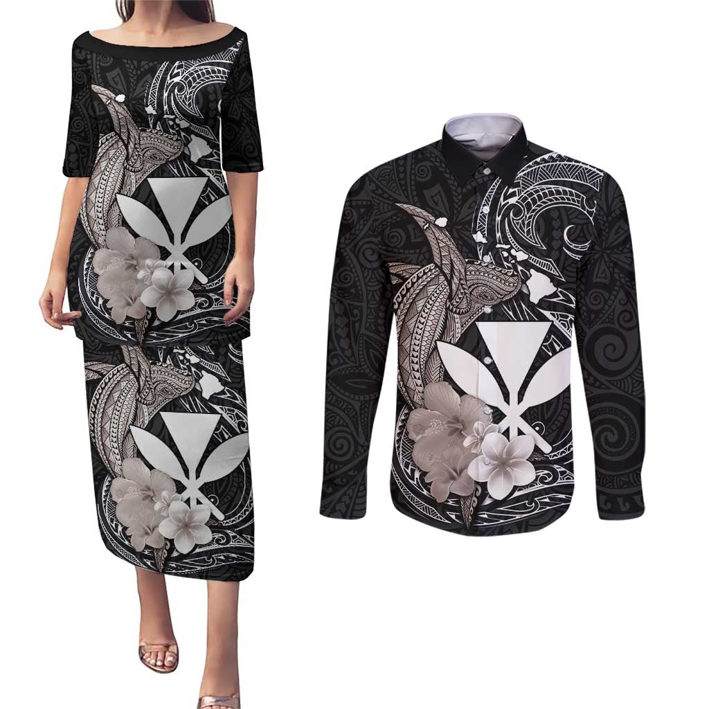 Hawaiian Whale and Kanaka Maoli Symbol Couples Matching Puletasi and Long Sleeve Button Shirt Hibiscus with Hawaii Map and Polynesian Tattoo Grayscale Color