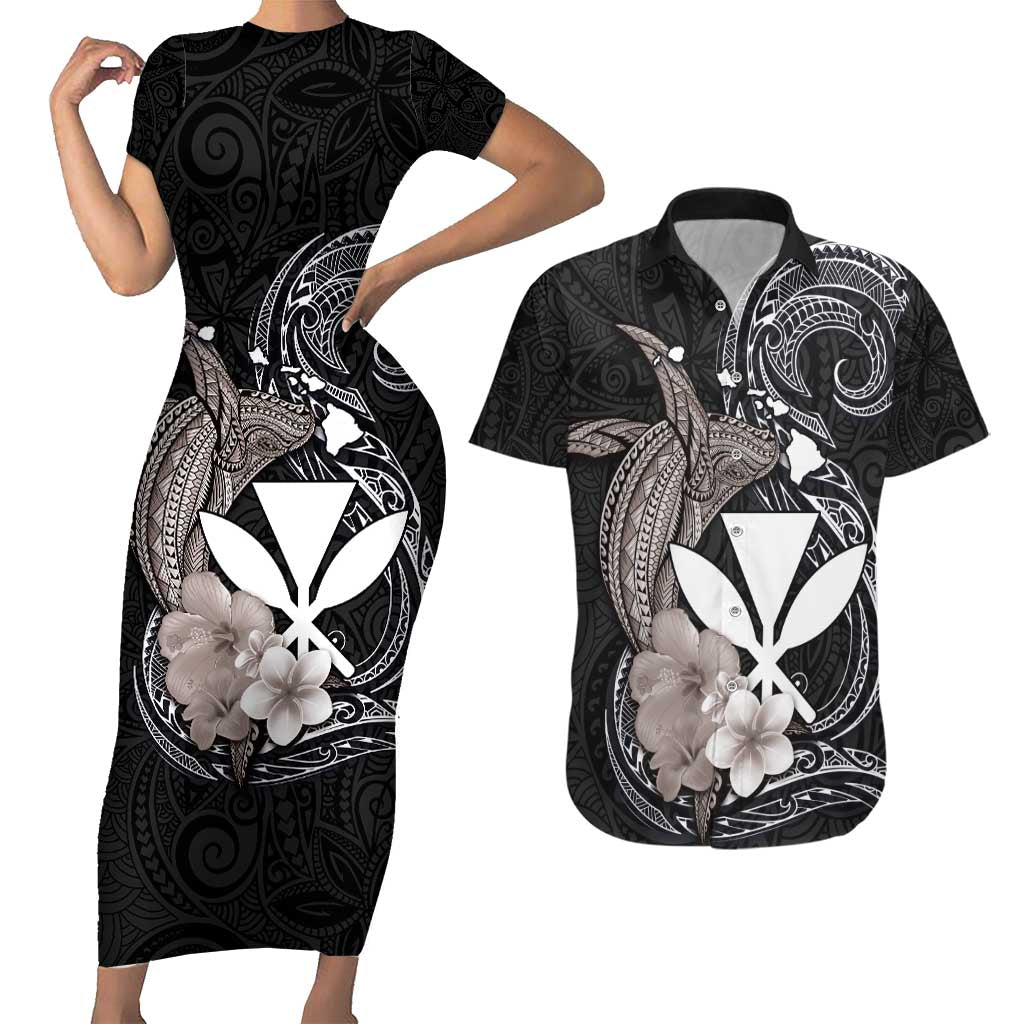 Hawaiian Whale and Kanaka Maoli Symbol Couples Matching Short Sleeve Bodycon Dress and Hawaiian Shirt Hibiscus with Hawaii Map and Polynesian Tattoo Grayscale Color LT03 Black - Polynesian Pride