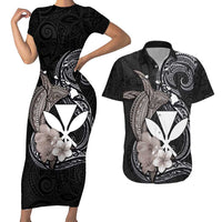 Hawaiian Whale and Kanaka Maoli Symbol Couples Matching Short Sleeve Bodycon Dress and Hawaiian Shirt Hibiscus with Hawaii Map and Polynesian Tattoo Grayscale Color LT03 Black - Polynesian Pride