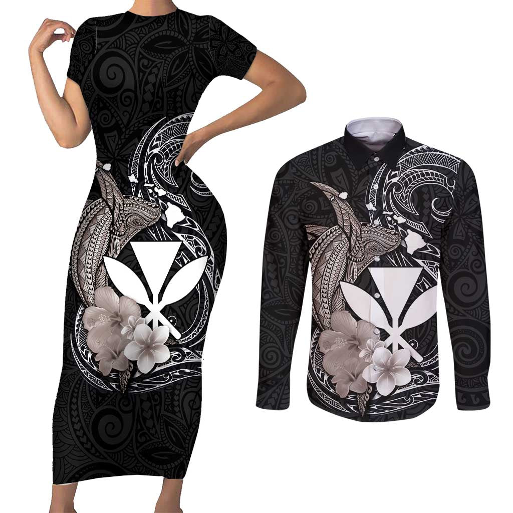 Hawaiian Whale and Kanaka Maoli Symbol Couples Matching Short Sleeve Bodycon Dress and Long Sleeve Button Shirt Hibiscus with Hawaii Map and Polynesian Tattoo Grayscale Color LT03 Black - Polynesian Pride
