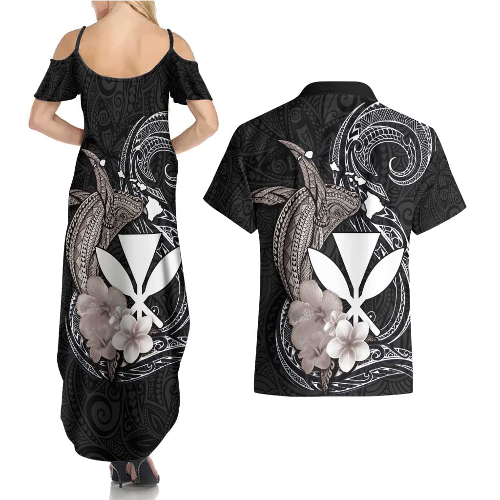 Hawaiian Whale and Kanaka Maoli Symbol Couples Matching Summer Maxi Dress and Hawaiian Shirt Hibiscus with Hawaii Map and Polynesian Tattoo Grayscale Color LT03 - Polynesian Pride